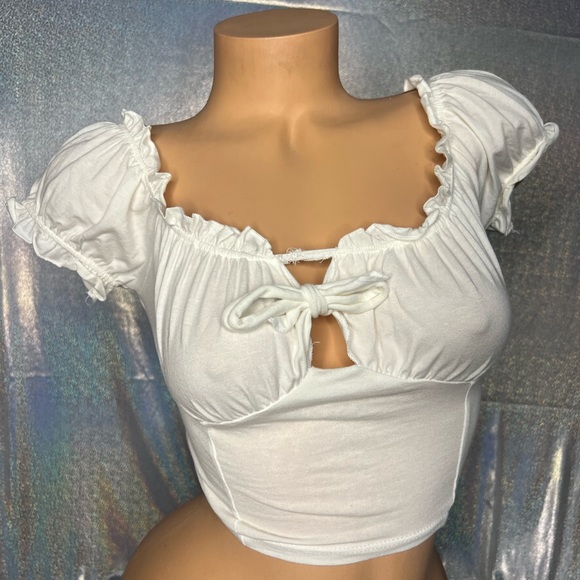 Fashion nova top milk maid ruffle frill bow tie sexy cute puff shoulder cottage - Picture 2 of 8